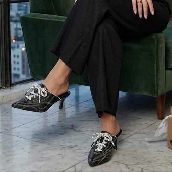 Steve Madden Shoes - Steve Madden Black Pointed Kirby Mule Heels with White Lace Detail